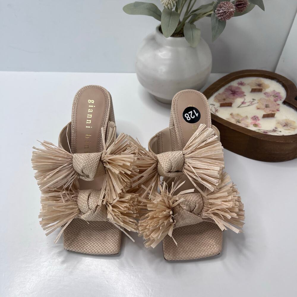 Antonio Melani Maguire Raffia Bow Chunky Block Heel Sandal Natural Women 7M NWOB